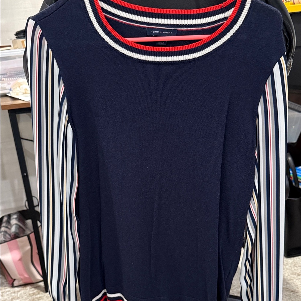 Tommy Hilfiger Navy and Red Striped Long Sleeve Top